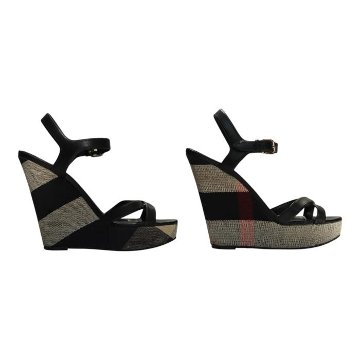 Burberry Black Leather Signature Check Wedges Platform Strappy Sandals Shoes 40