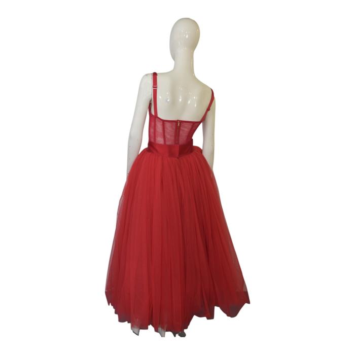 Dolce & Gabbana Red Tulle Bustier Midi Dress Red Carpet Eveneing Gown sz 40 retailed at around $5000
