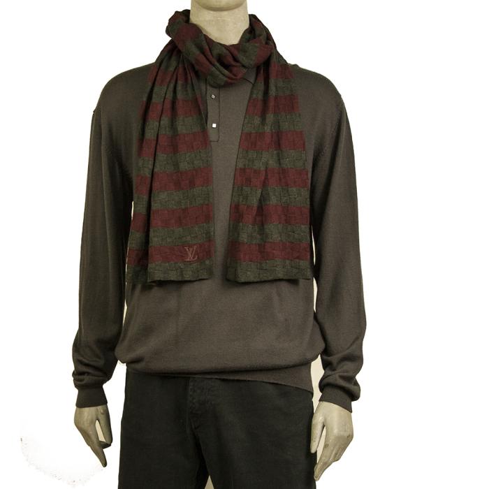 Louis Vuitton gray & burgundy wool & cashmere LV damier pattern mens long scarf