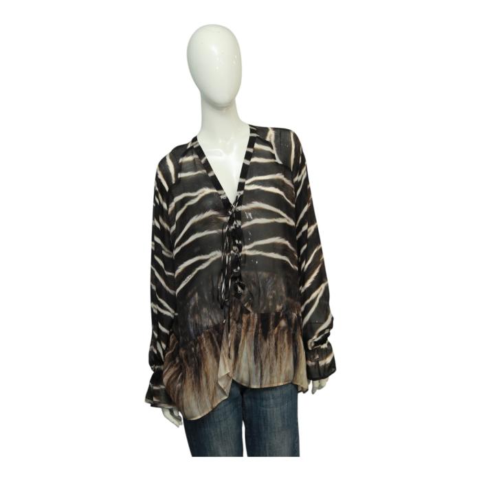 Roberto Cavalli Brown Zebra Pattern Silk Top Long Sleeves Tunic Blouse sz 42