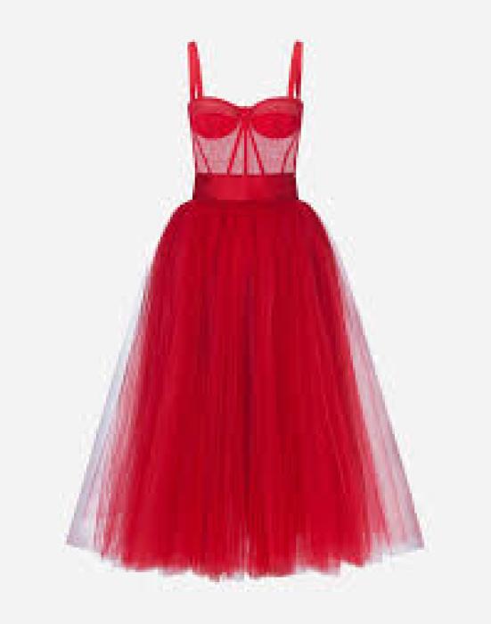 Dolce & Gabbana Red Tulle Bustier Midi Dress Red Carpet Eveneing Gown sz 40 retailed at around $5000