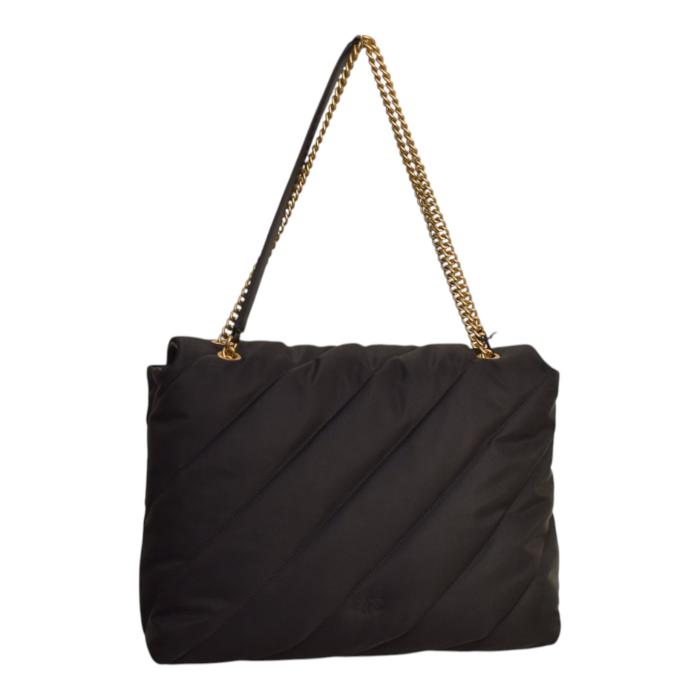 Pinko Love Extra Puff Maxi Quilt Black Nylon flap shoulder bag with chain strap