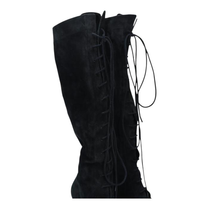 Saint Laurent Black Suede Lace up Knee High Boots Heels Shoes size 38,5