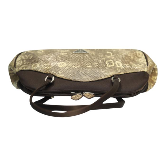 Prada Lizard & Brown Satin Top Handle Bag with Kiss Lock Closure Double Handles