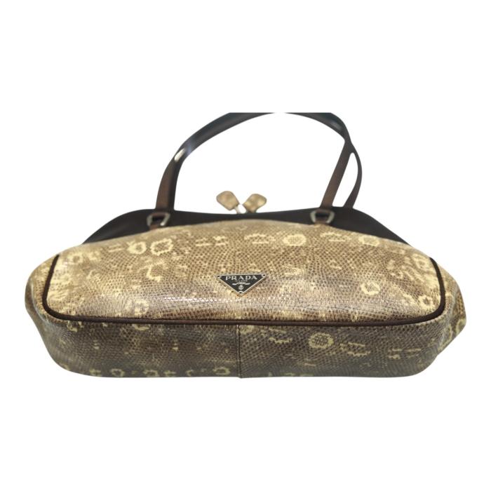 Prada Lizard & Brown Satin Top Handle Bag with Kiss Lock Closure Double Handles