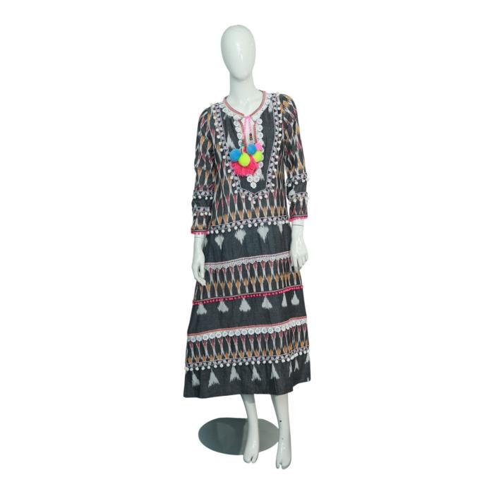 Gooshwa Multicolor Ethnic Print Maxi Kaftan Long Summer Cotton Dress size S, New