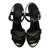 Burberry Black Leather Signature Check Wedges Platform Strappy Sandals Shoes 40