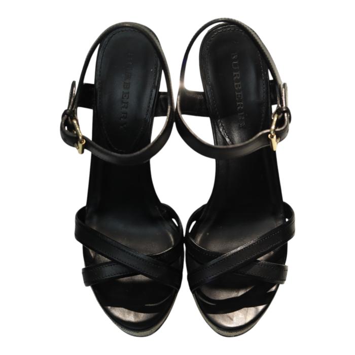 Burberry Black Leather Signature Check Wedges Platform Strappy Sandals Shoes 40