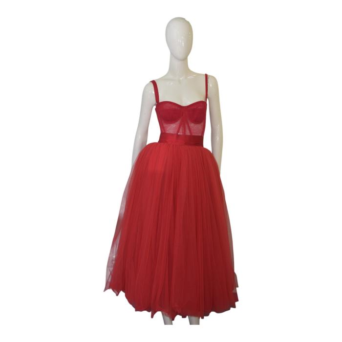 Dolce & Gabbana Red Tulle Bustier Midi Dress Red Carpet Eveneing Gown sz 40 retailed at around $5000