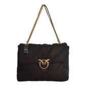 Pinko Love Extra Puff Maxi Quilt Black Nylon flap shoulder bag with chain strap