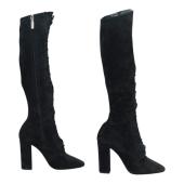 Saint Laurent Black Suede Lace up Knee High Boots Heels Shoes size 38,5