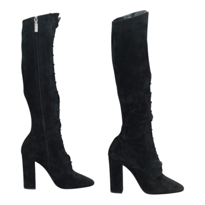 Saint Laurent Black Suede Lace up Knee High Boots Heels Shoes size 38,5