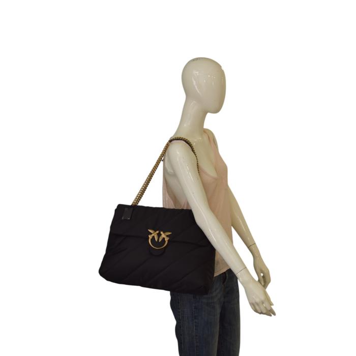 Pinko Love Extra Puff Maxi Quilt Black Nylon flap shoulder bag with chain strap