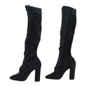 Saint Laurent Black Suede Lace up Knee High Boots Heels Shoes size 38,5