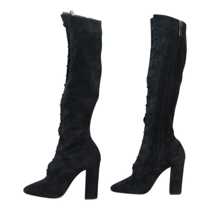 Saint Laurent Black Suede Lace up Knee High Boots Heels Shoes size 38,5