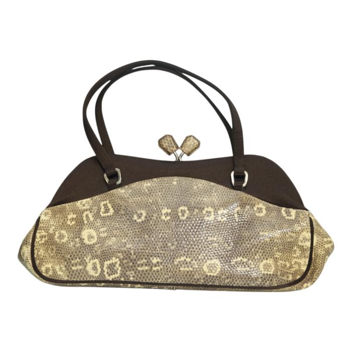 Prada Lizard & Brown Satin Top Handle Bag with Kiss Lock Closure Double Handles