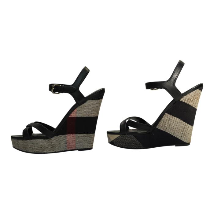 Burberry Black Leather Signature Check Wedges Platform Strappy Sandals Shoes 40