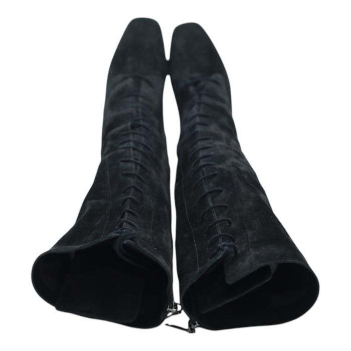 Saint Laurent Black Suede Lace up Knee High Boots Heels Shoes size 38,5