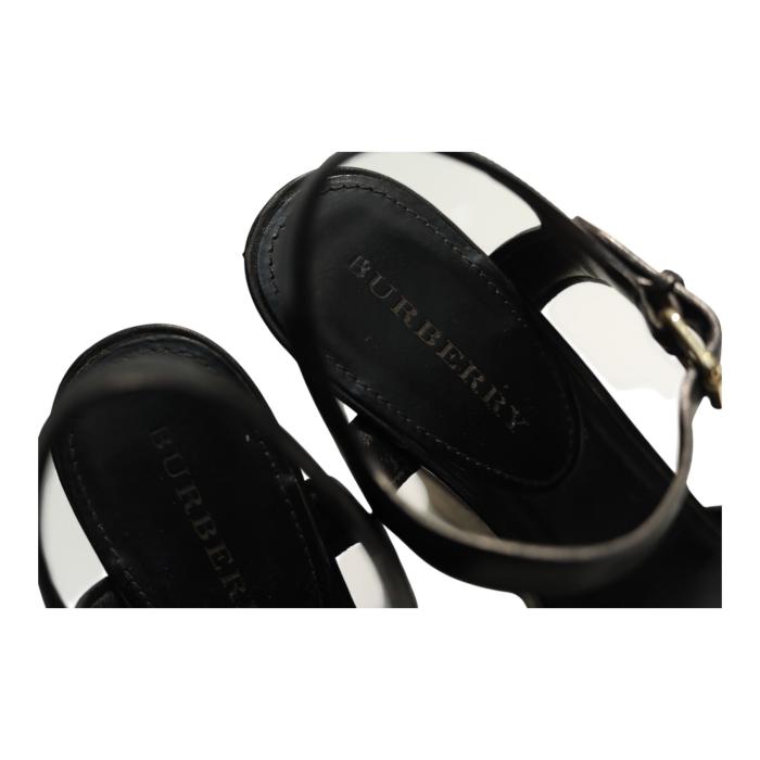 Burberry Black Leather Signature Check Wedges Platform Strappy Sandals Shoes 40