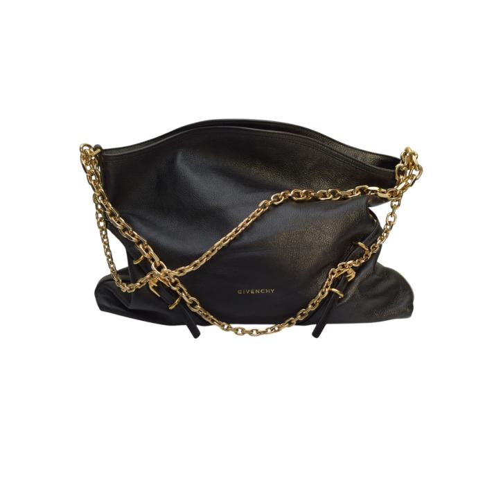 Givenchy Voyou Gold Chain Medium Black Grainy Leather Shoulder Tote Bag