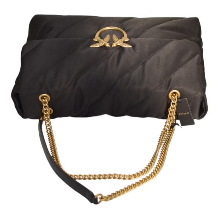 Pinko Love Extra Puff Maxi Quilt Black Nylon flap shoulder bag with chain strap