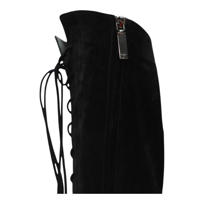 Saint Laurent Black Suede Lace up Knee High Boots Heels Shoes size 38,5