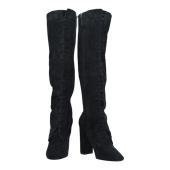 Saint Laurent Black Suede Lace up Knee High Boots Heels Shoes size 38,5