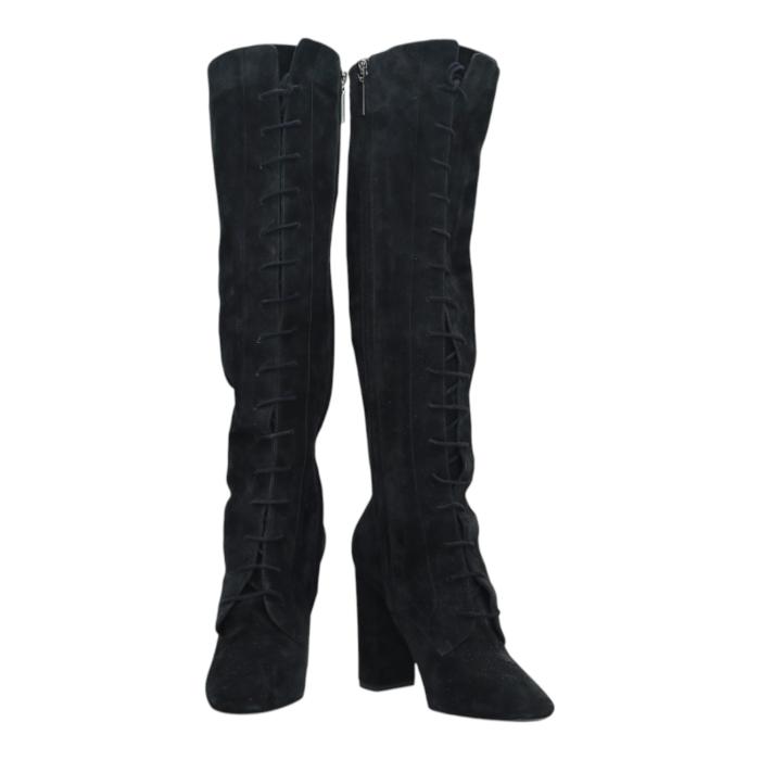 Saint Laurent Black Suede Lace up Knee High Boots Heels Shoes size 38,5