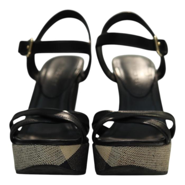 Burberry Black Leather Signature Check Wedges Platform Strappy Sandals Shoes 40