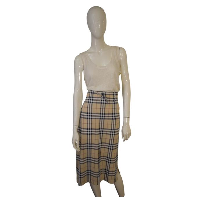 Burberry Classic Check Drawstring Knee Length Skirt Elastic Stretch Side Slit M