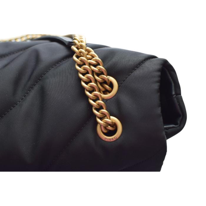 Pinko Love Extra Puff Maxi Quilt Black Nylon flap shoulder bag with chain strap