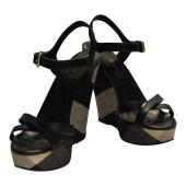 Burberry Black Leather Signature Check Wedges Platform Strappy Sandals Shoes 40