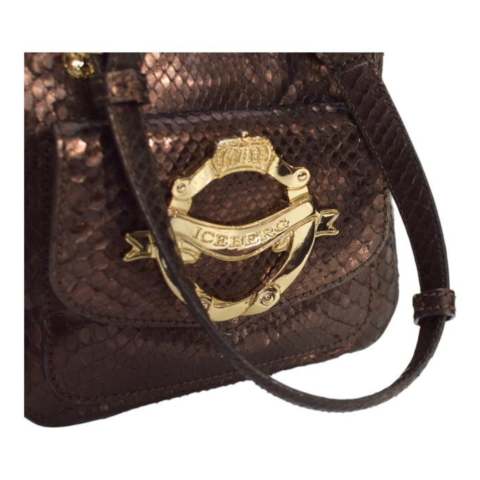 Iceberg Shiny Brown Snakeskin Leather Top Handles Small Handbag Shoulder bag