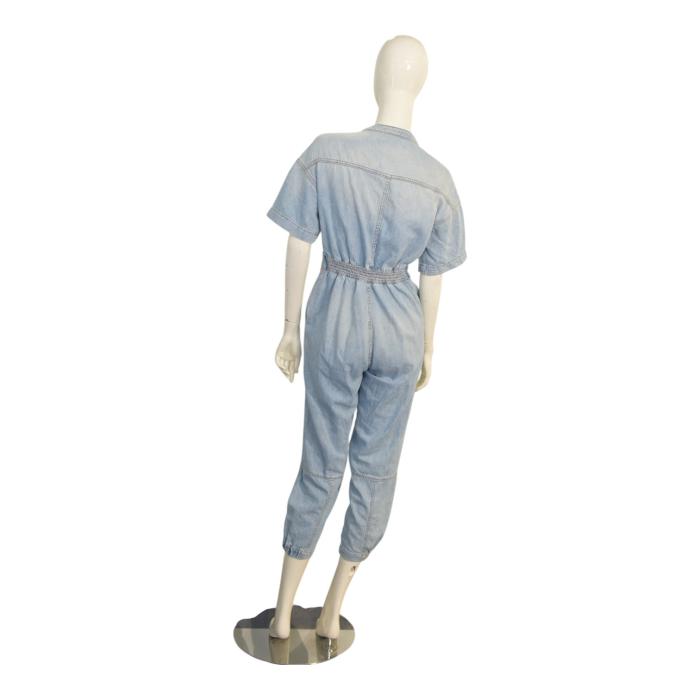 Pinko Blue Denim Short Sleeves Zipper Cropped Jumpsuit Playsuit size 38
