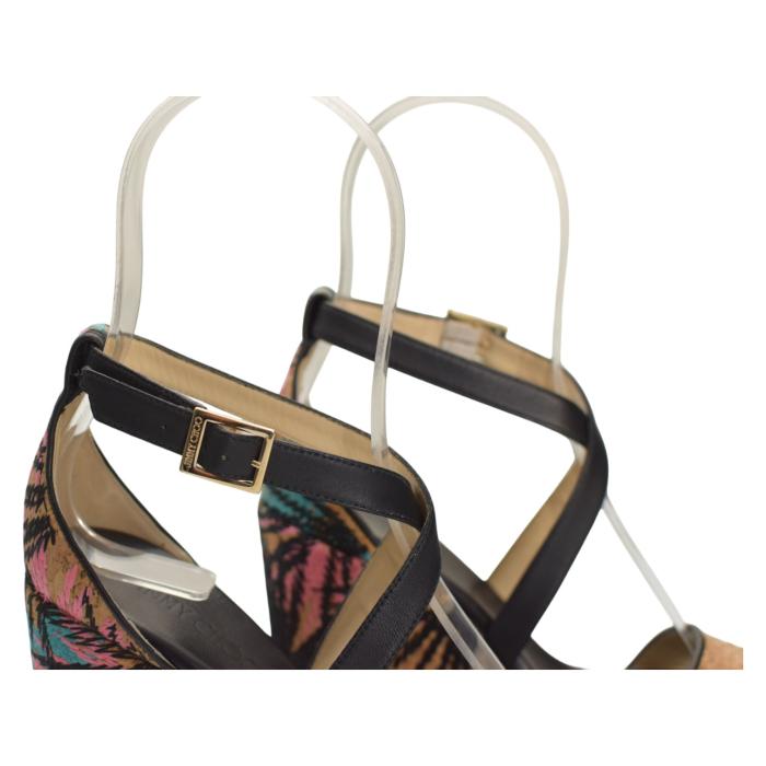 Jimmy Choo Black Leather and Palm Embroidered Cork Portia Wedge Sandals Size 39