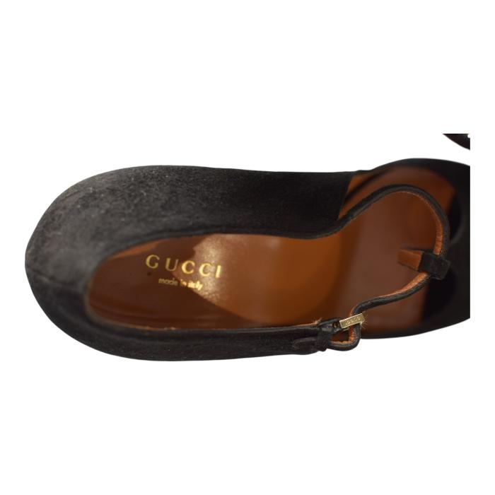 Gucci Black Suede Leather Mary Janes Peep toe Heel Platform Pumps sz 39,5 US 9,5