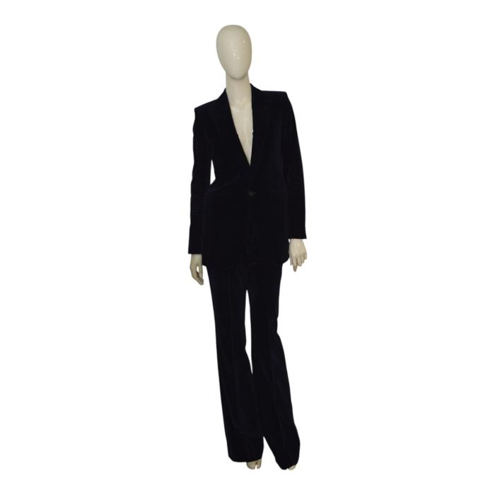 Saint Laurent Blue Black Velvet Velour Jacket & Pants Trousers Suit Set Fr 38