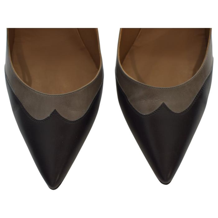 Hermes Black & Gray Leather Mary Janes Pointed toe Heel Pumps sz 40 US 10