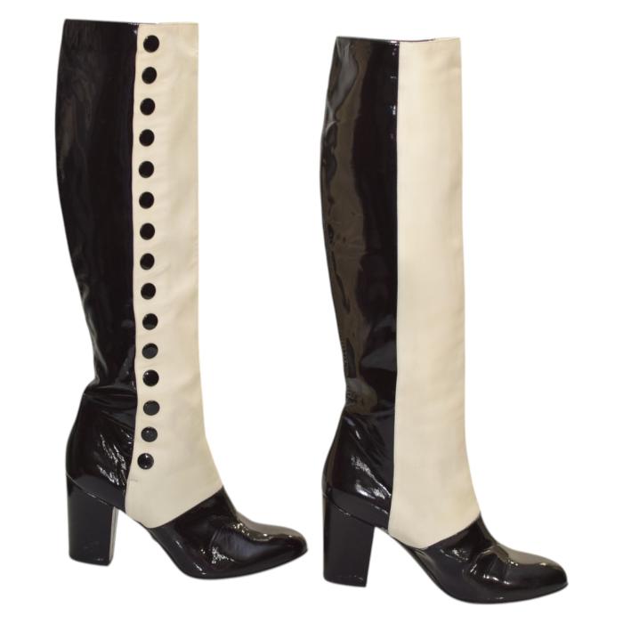 Chanel Black & White Monochrome Lambskin And Patent Leather Knee Boots Size 39.5 or 9.5 US