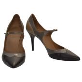 Hermes Black & Gray Leather Mary Janes Pointed toe Heel Pumps sz 40 US 10