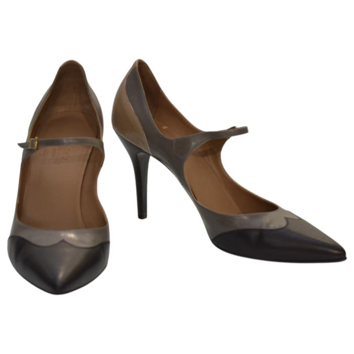 Hermes Black & Gray Leather Mary Janes Pointed toe Heel Pumps sz 40 US 10