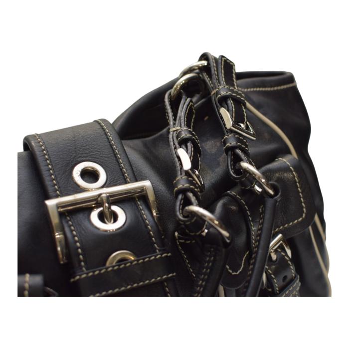 Prada Black Nappa Leather Double Front Flap Buckle Pockets Shoulder Bag