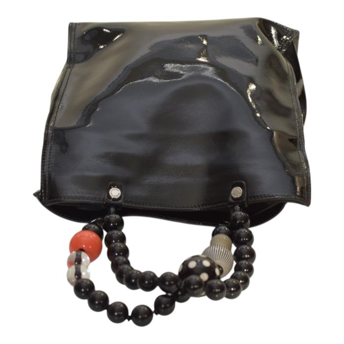 Roberta Gandolfi Black Patent Leather Beaded Top Handles Handbag Zipper Bag