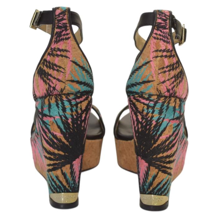 Jimmy Choo Black Leather and Palm Embroidered Cork Portia Wedge Sandals Size 39