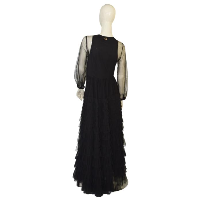 Twinset Black Tulle Tiered Ruffled Sheer Sleeves Maxi Evening Gown Dress size 40