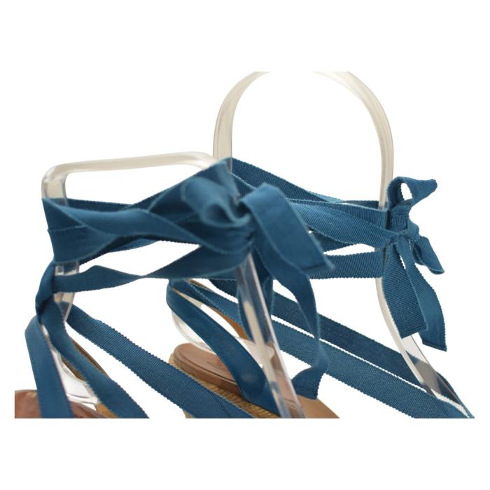 Christian Louboutin Blue Leather Fabric Ankle Tie Up Espadrille Wedge Sandals 9
