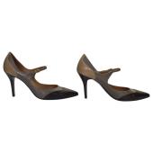 Hermes Black & Gray Leather Mary Janes Pointed toe Heel Pumps sz 40 US 10