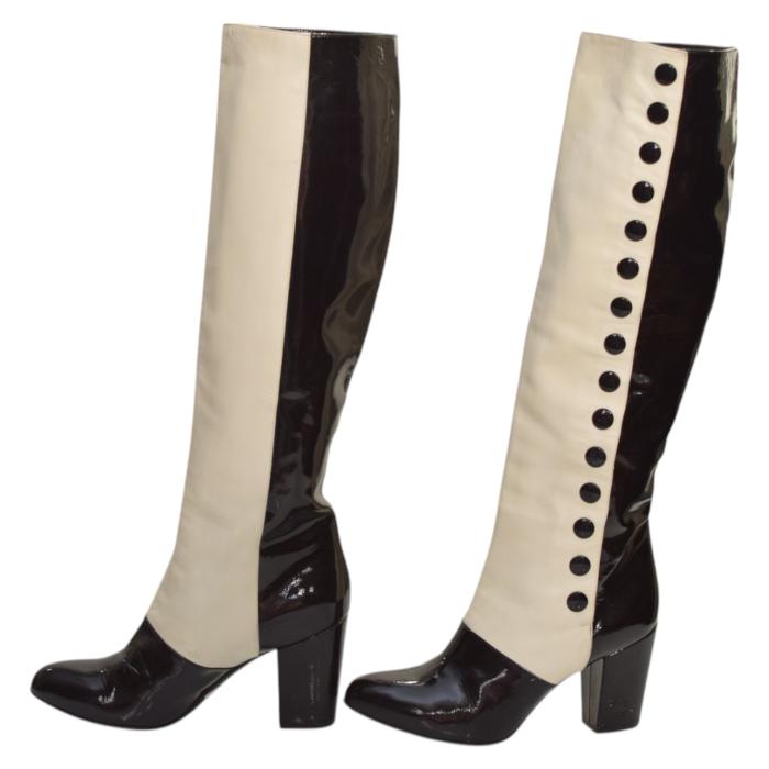 Chanel Black & White Monochrome Lambskin And Patent Leather Knee Boots Size 39.5 or 9.5 US