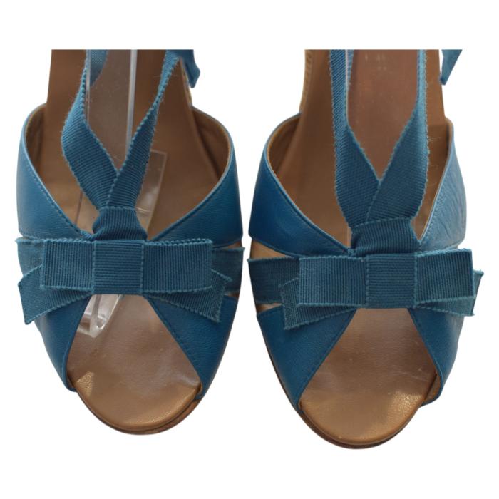 Christian Louboutin Blue Leather Fabric Ankle Tie Up Espadrille Wedge Sandals 9
