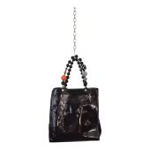 Roberta Gandolfi Black Patent Leather Beaded Top Handles Handbag Zipper Bag
